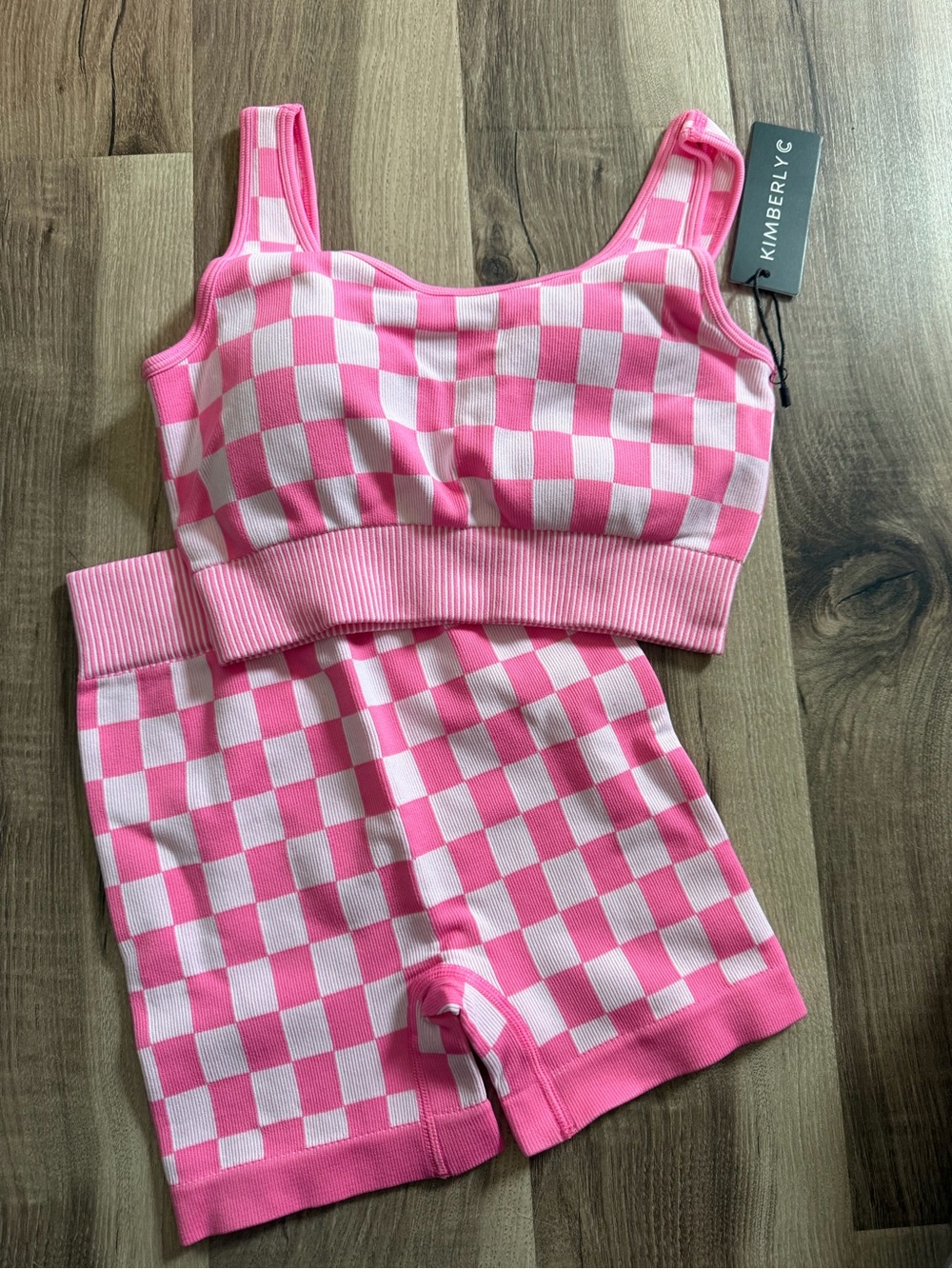 Kimberly C Pink Checkerboard Knit Crop Tank & Shorts Set